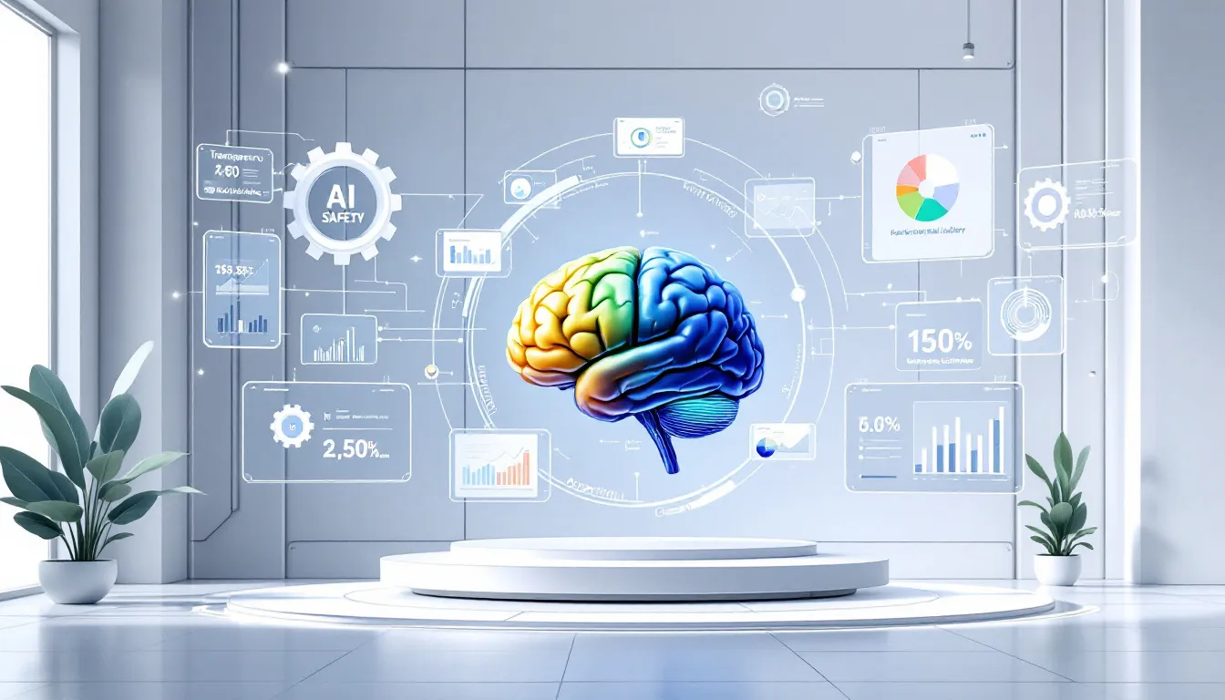 An illustration showing various AI systems in a business environment, emphasizing AI safety for business.