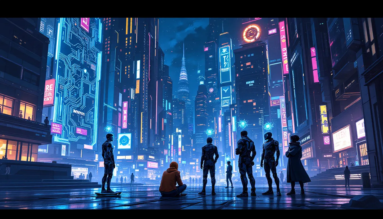 An illustration of various artificial intelligence agents interacting in a digital environment.